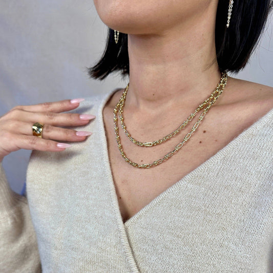 A person wearing a white V-neck sweater is showcasing a gold-filled link chain necklace with a lobster clasp. The necklace is worn around the neck, demonstrating its elegant design.