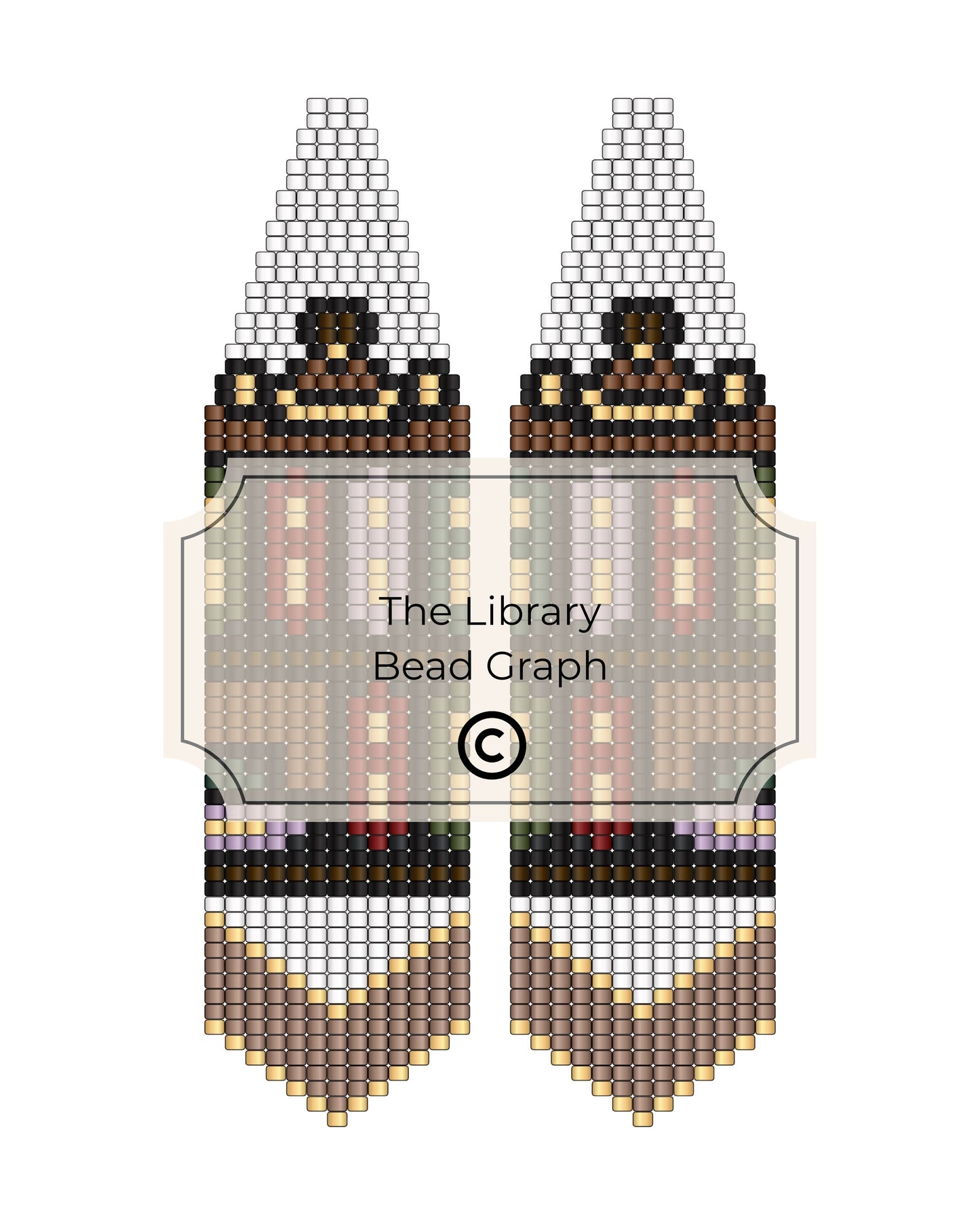 Bead pattern for earrings with 'The Library Bead Graph' branding.