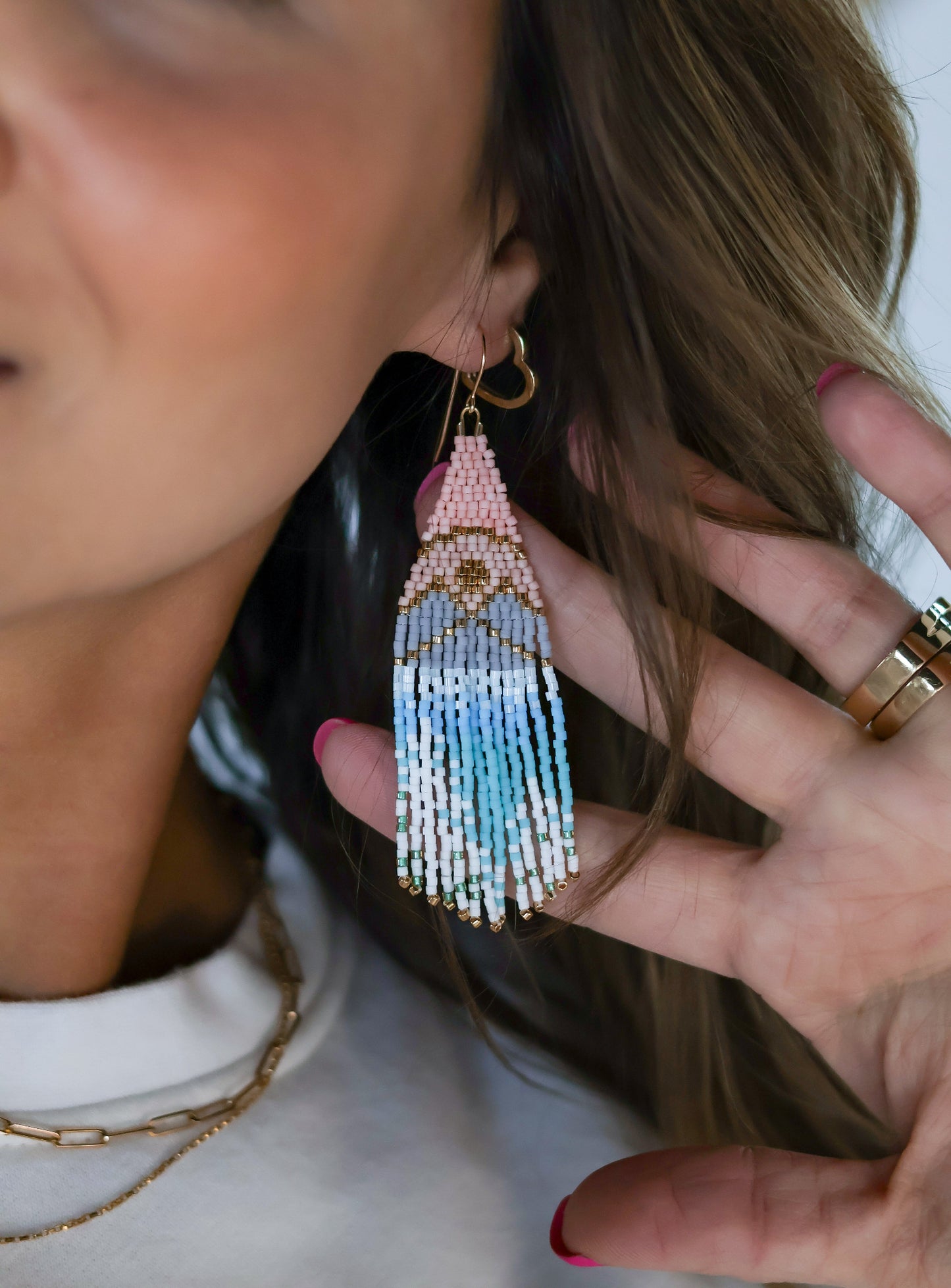 blue and pink beaded earrings