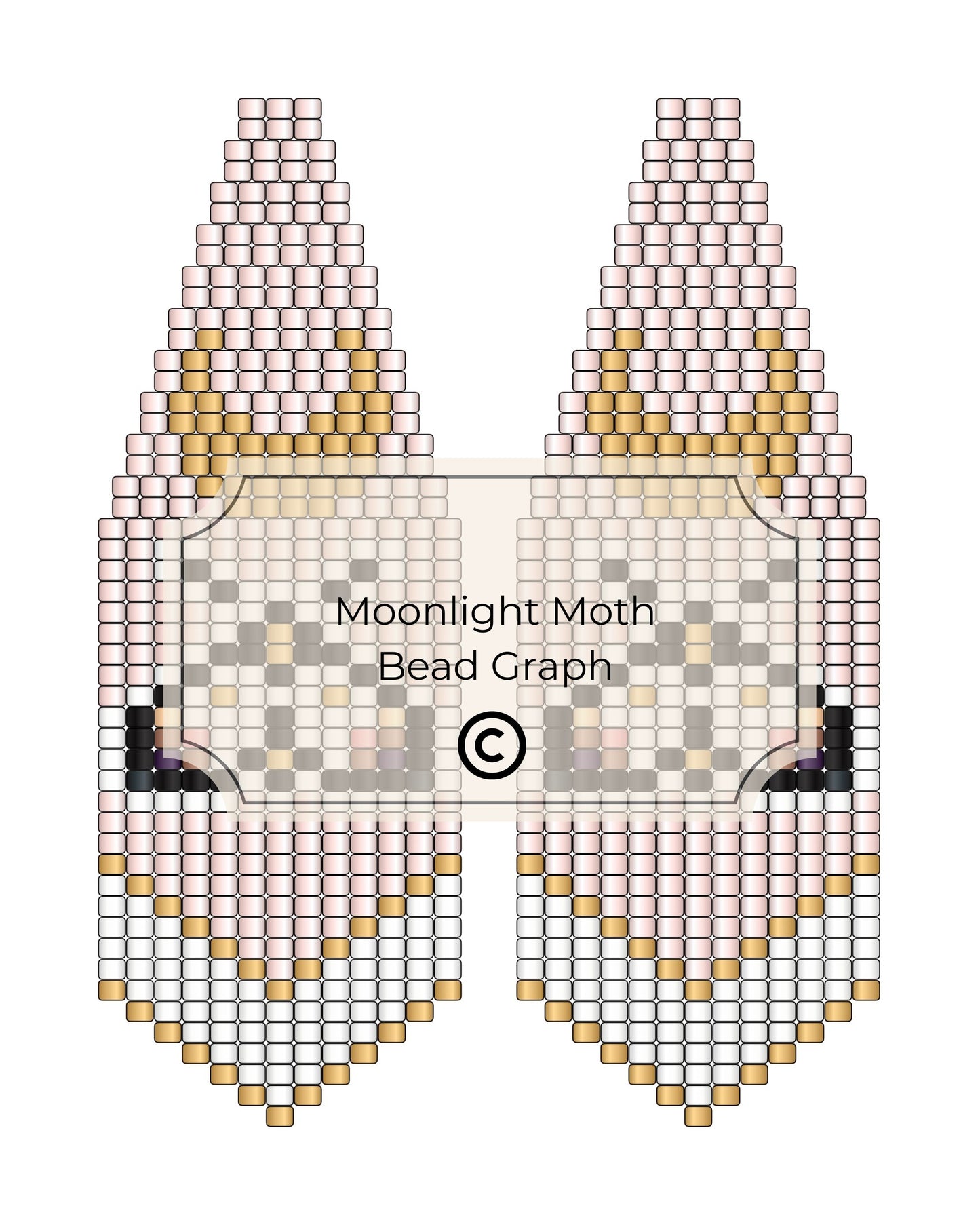 Bead pattern for a moonlight moth with gold and silver beads on a white background.