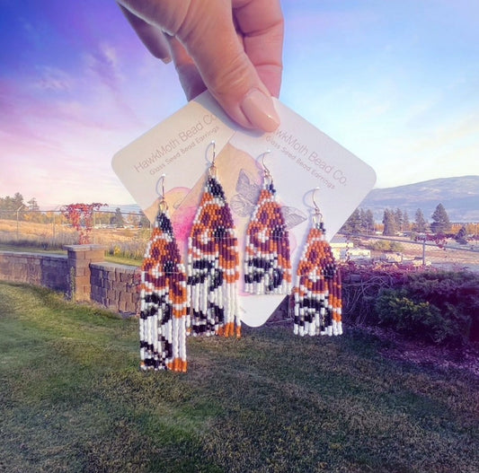 Handmade beaded earrings held up with a scenic background