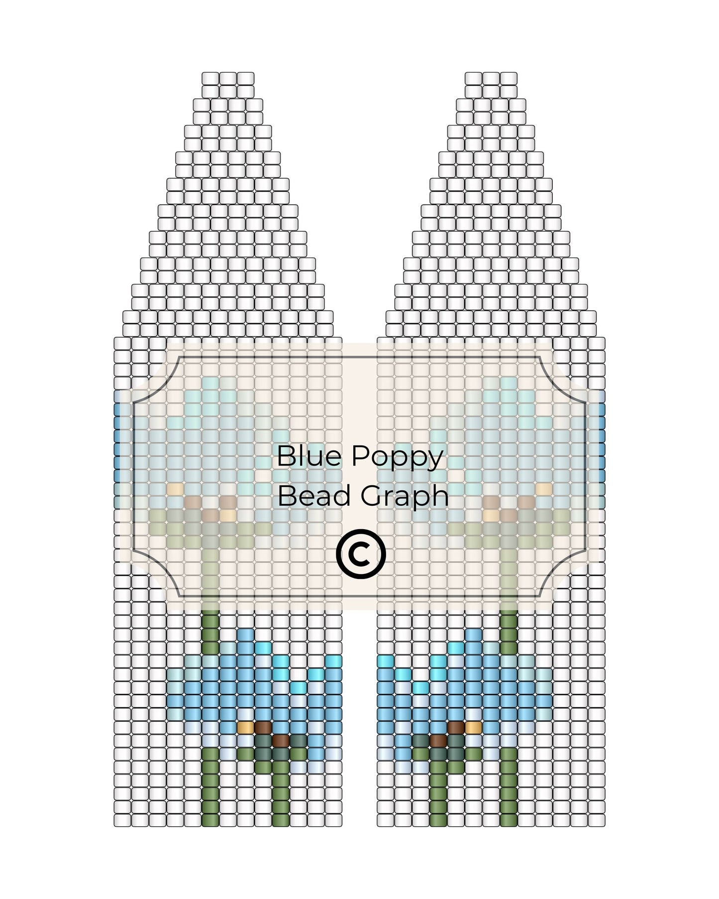 Bead pattern for blue poppies on a grid with 'Blue Poppy Bead Graph' text.