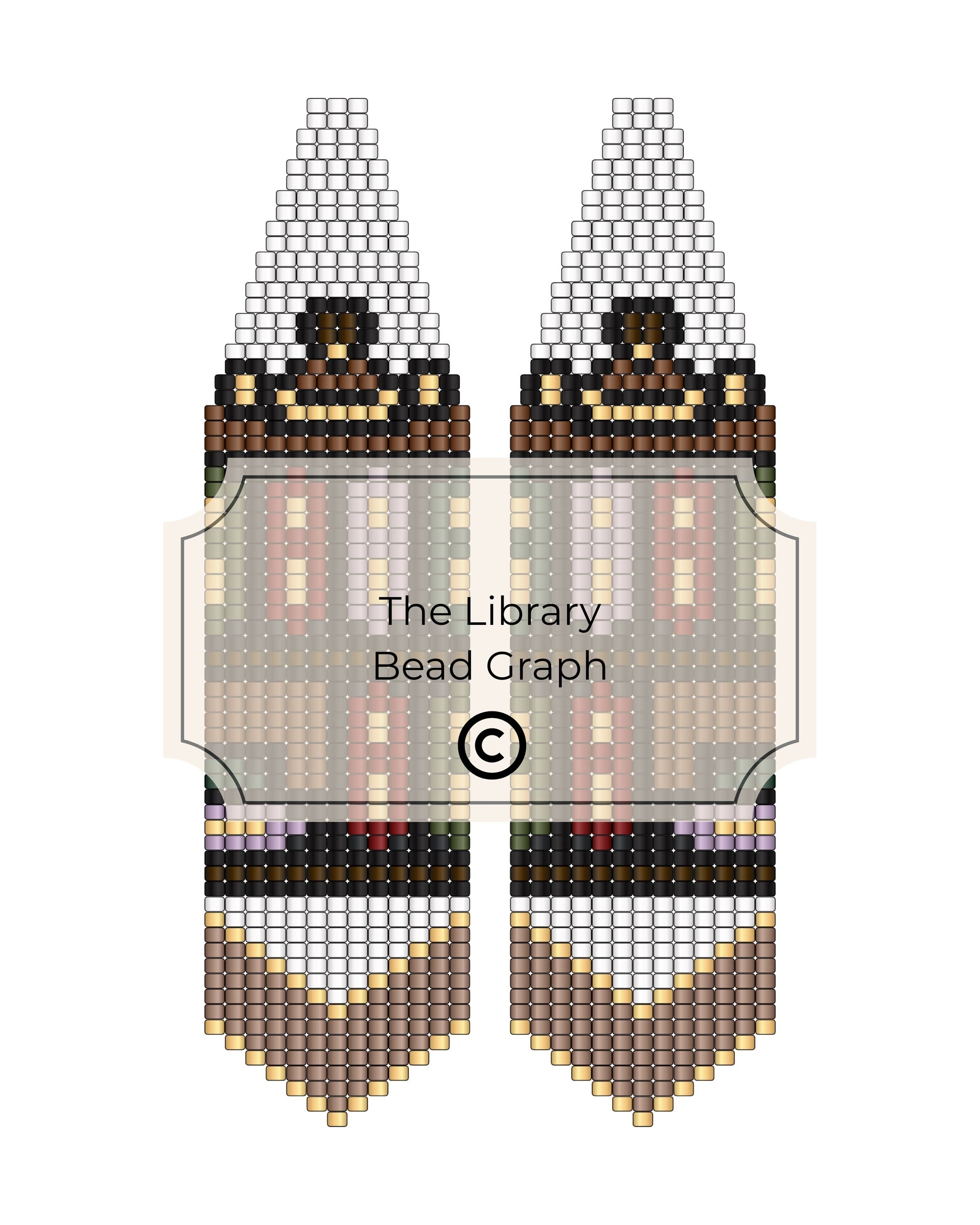 Bead pattern for earrings with 'The Library Bead Graph' branding.