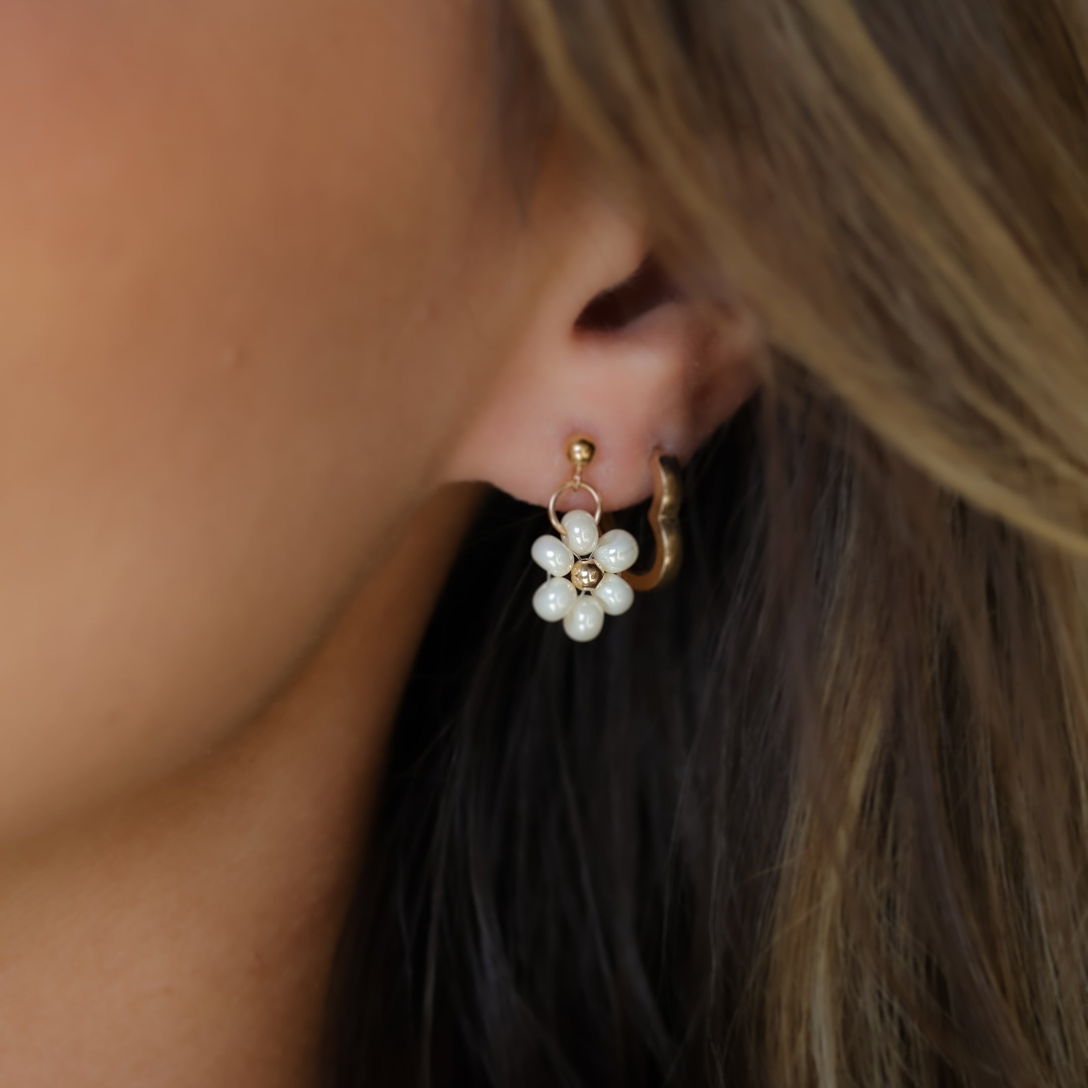 Cream Beaded Flower Charm Earrings