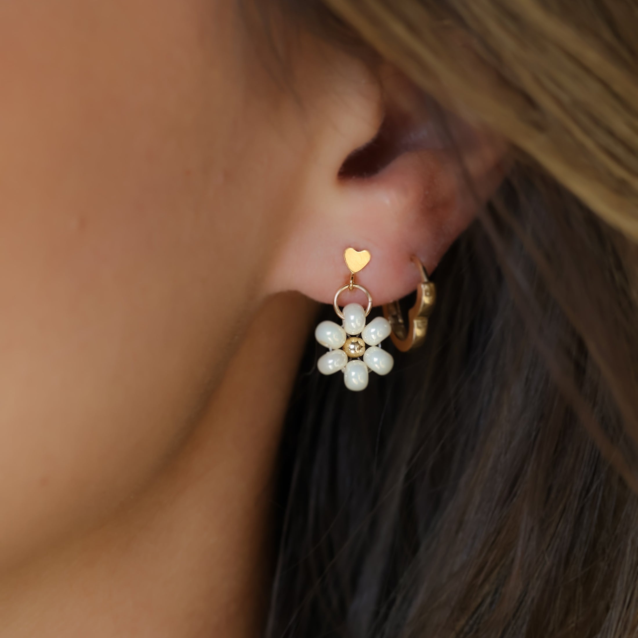 Cream Beaded Flower Charm Earrings