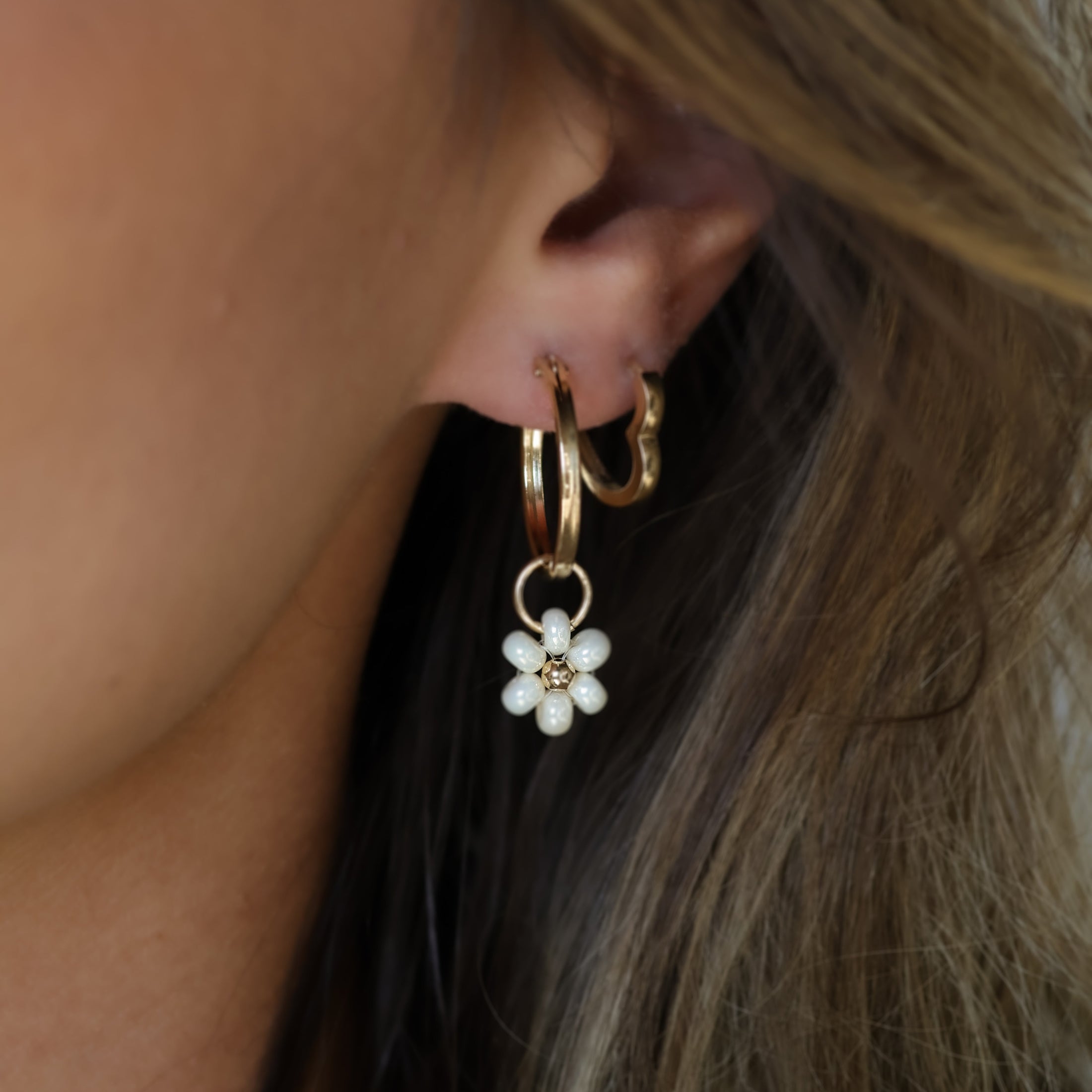 Cream Beaded Flower Charm Earrings