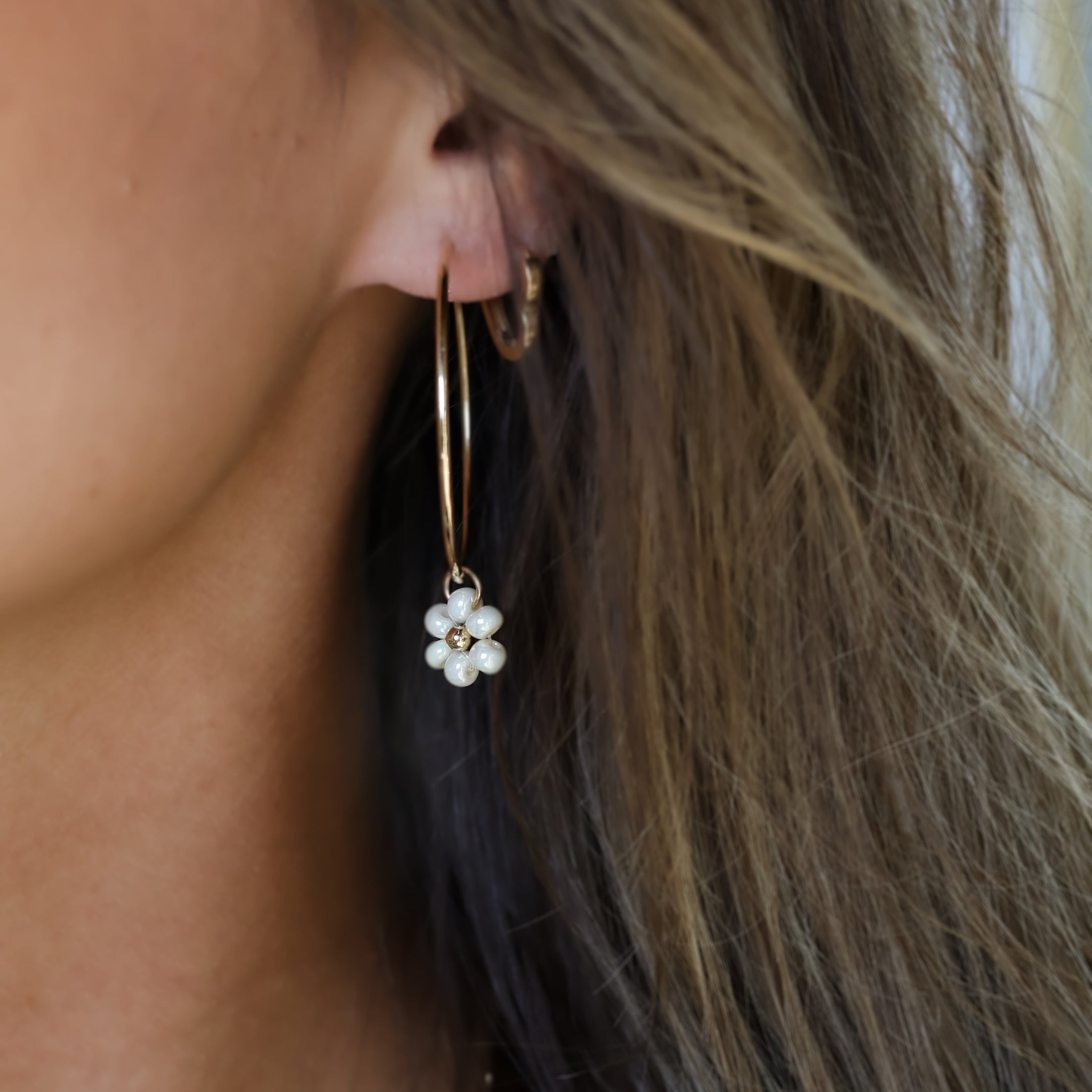 Cream Beaded Flower Charm Earrings