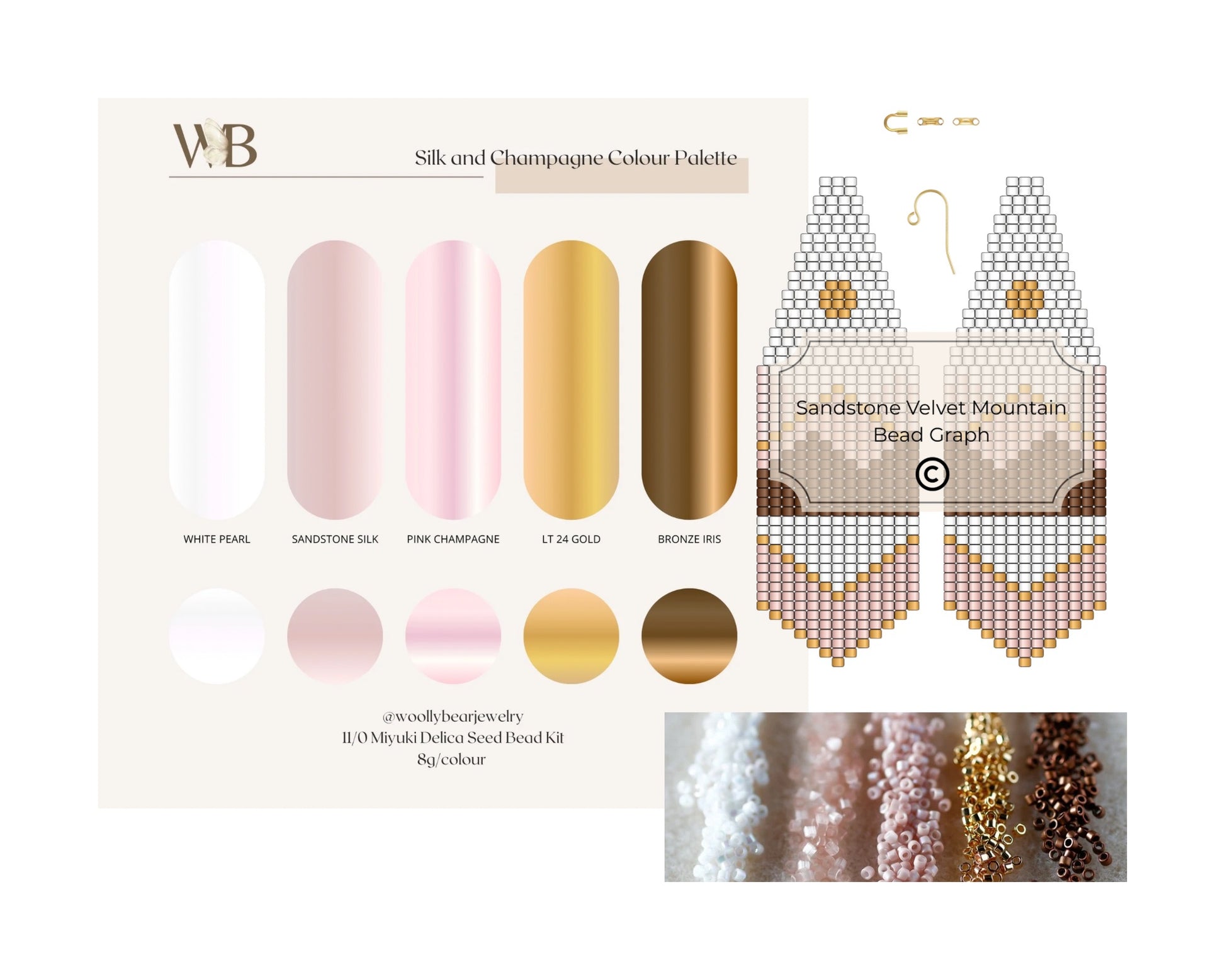 Beaded earring kit with color swatches and bead graph on a white background