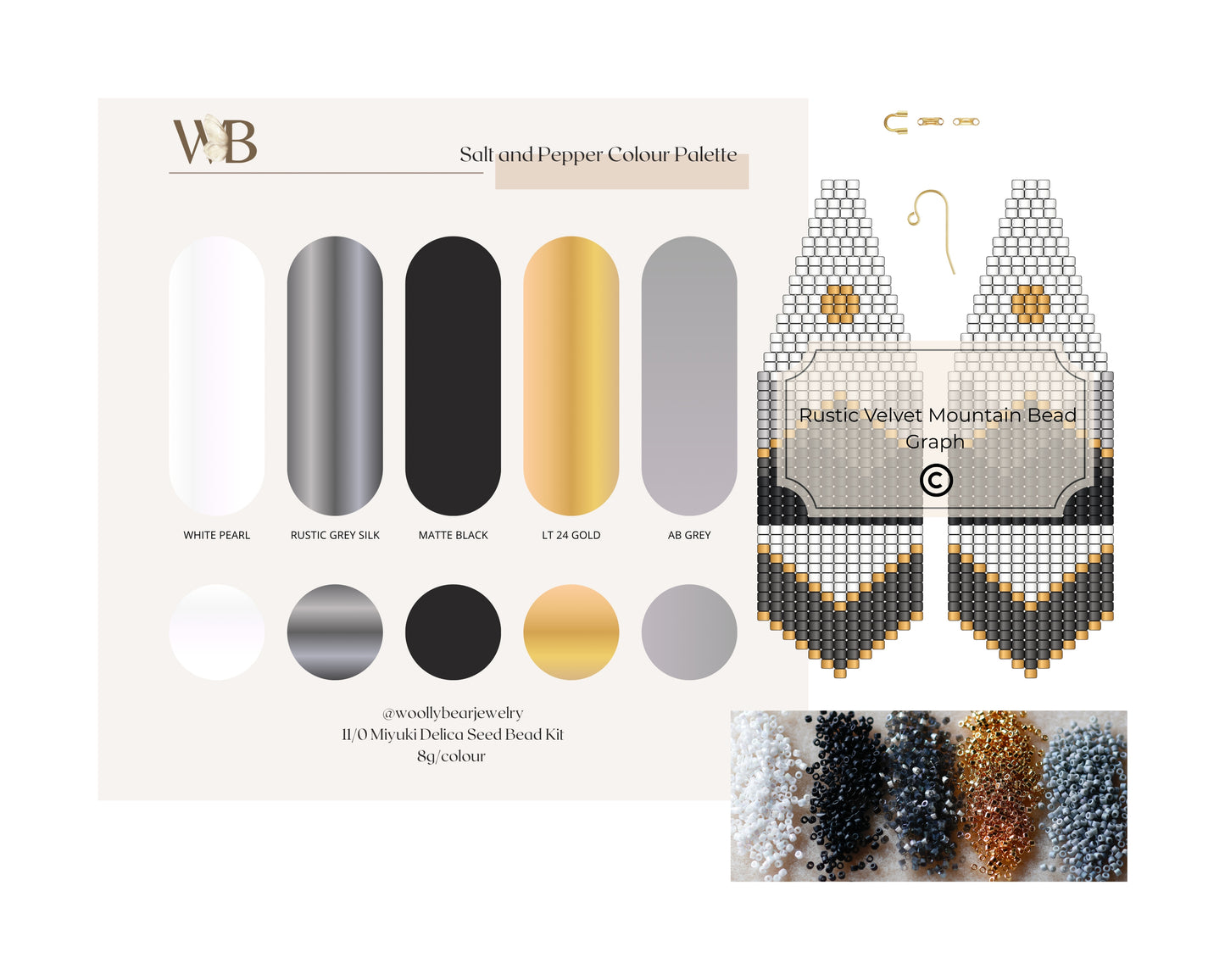 Jewelry-making kit with bead color swatches and beaded earrings on a white background