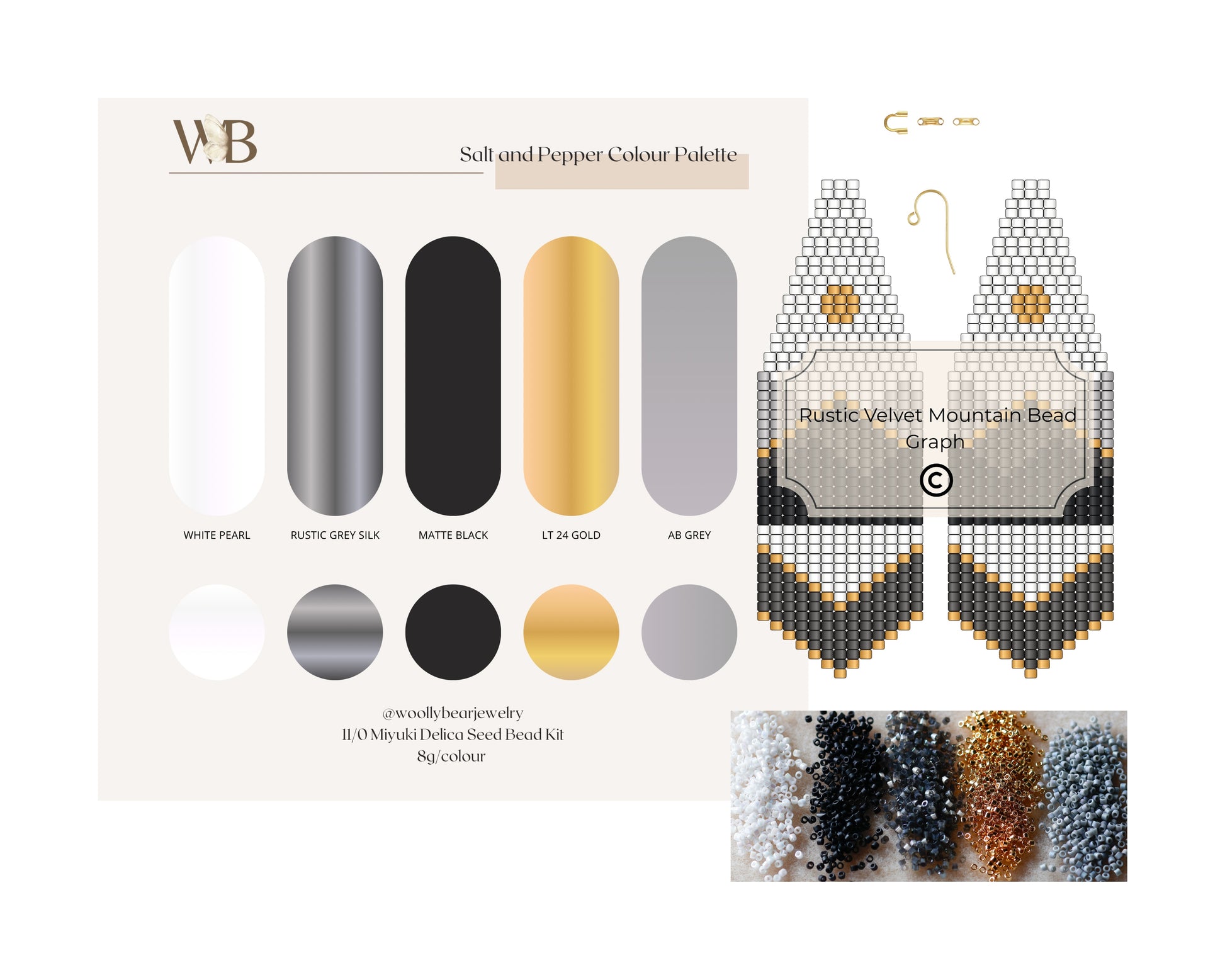 Jewelry-making kit with bead color swatches and beaded earrings on a white background