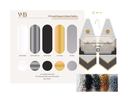 Jewelry-making kit with bead color swatches and beaded earrings on a white background