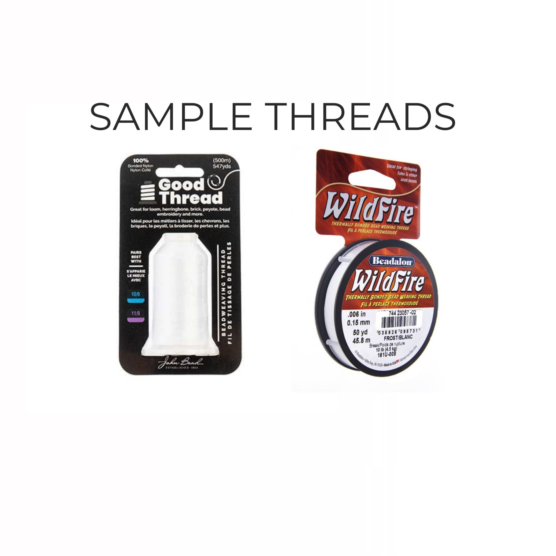 Two packages of thread labeled 'Good Thread' and 'WildFire' on a white background.