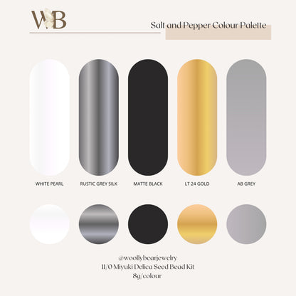 Color palette with shades of gray, black, gold, and white on a beige background.
