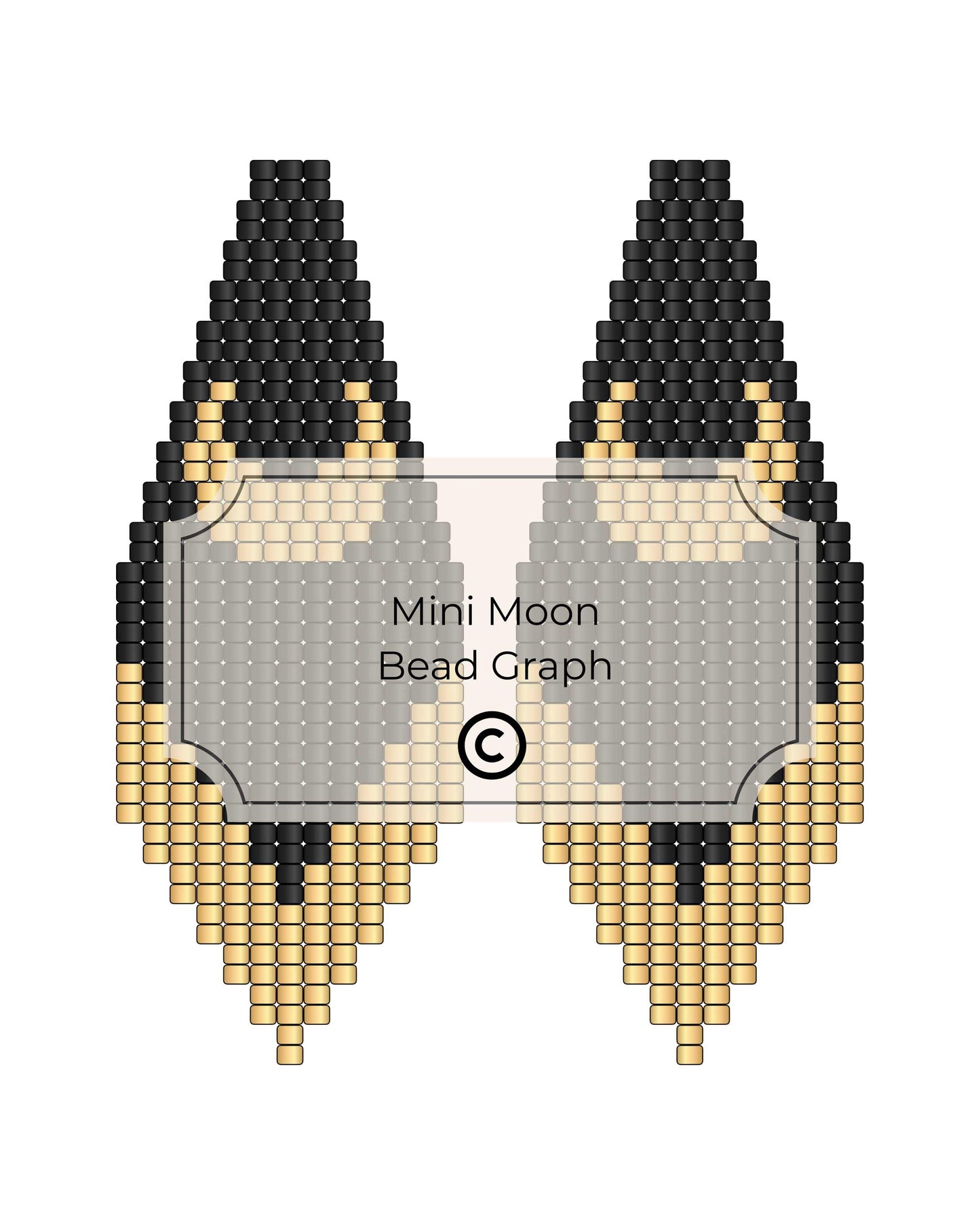 Bead pattern design for earrings with black and gold beads on a white background, labeled 'Mini Moon Bead Graph'.