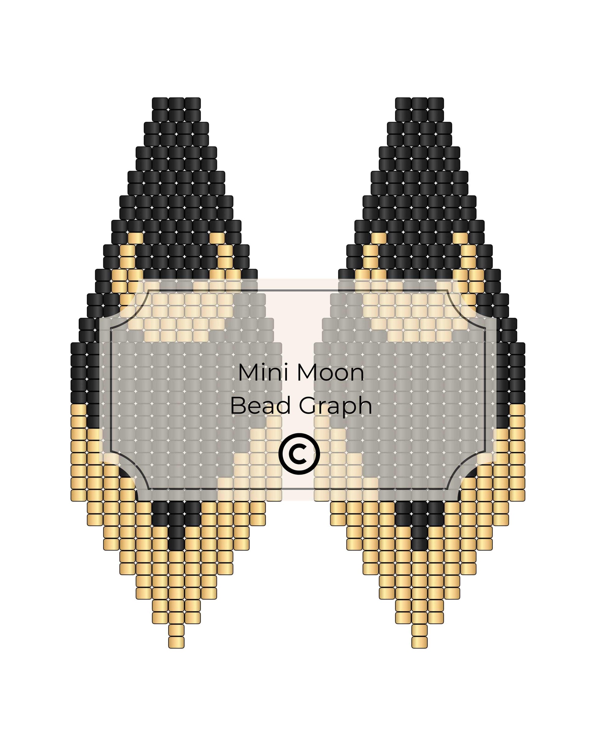 Bead pattern design for earrings with black and gold beads on a white background, labeled 'Mini Moon Bead Graph'.