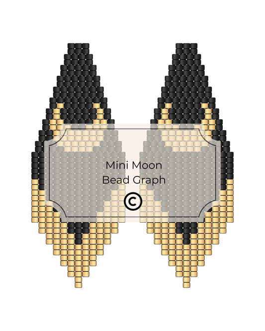 Bead pattern design for earrings with black and gold beads on a white background, labeled 'Mini Moon Bead Graph'.
