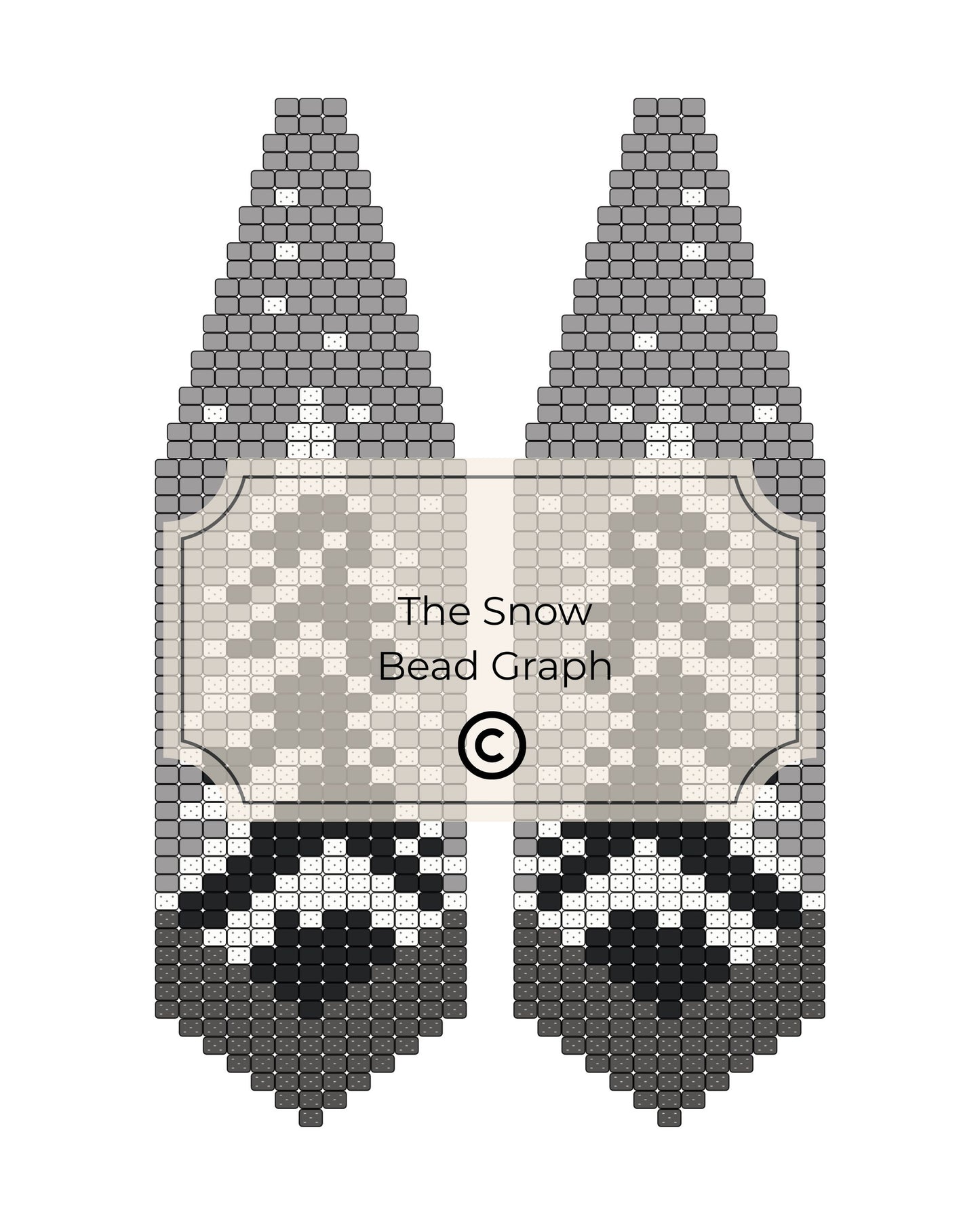 Bead pattern design for a snowy tree with gray and black beads on a white background.