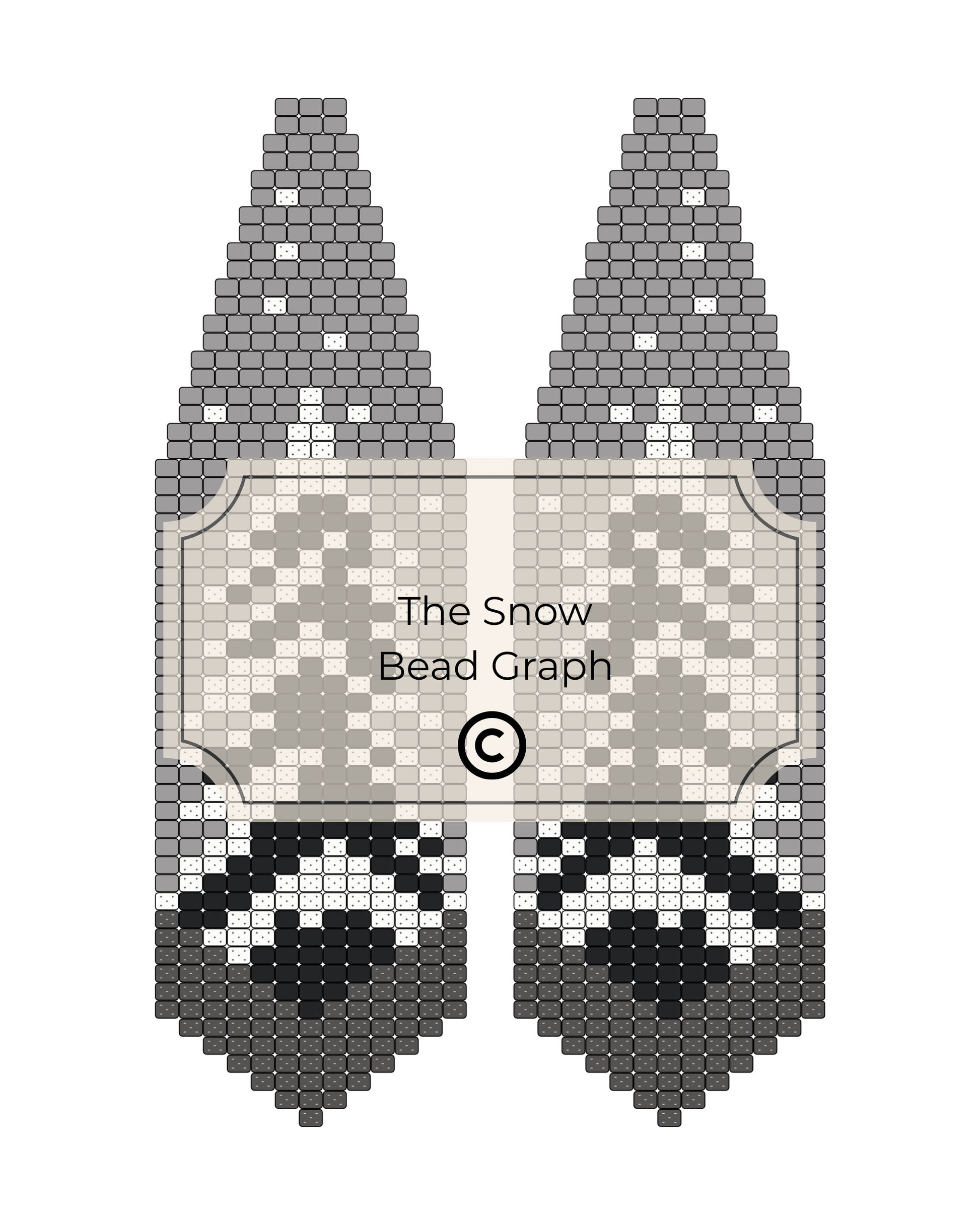 Bead pattern design for a snowy tree with gray and black beads on a white background.