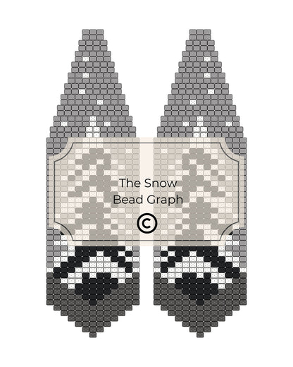 Bead pattern design for a snowy tree with gray and black beads on a white background.