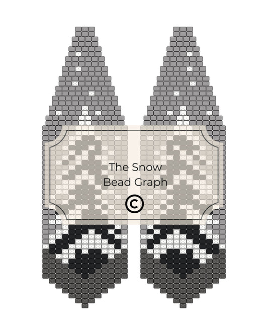 Bead pattern design for a snowy tree with gray and black beads on a white background.