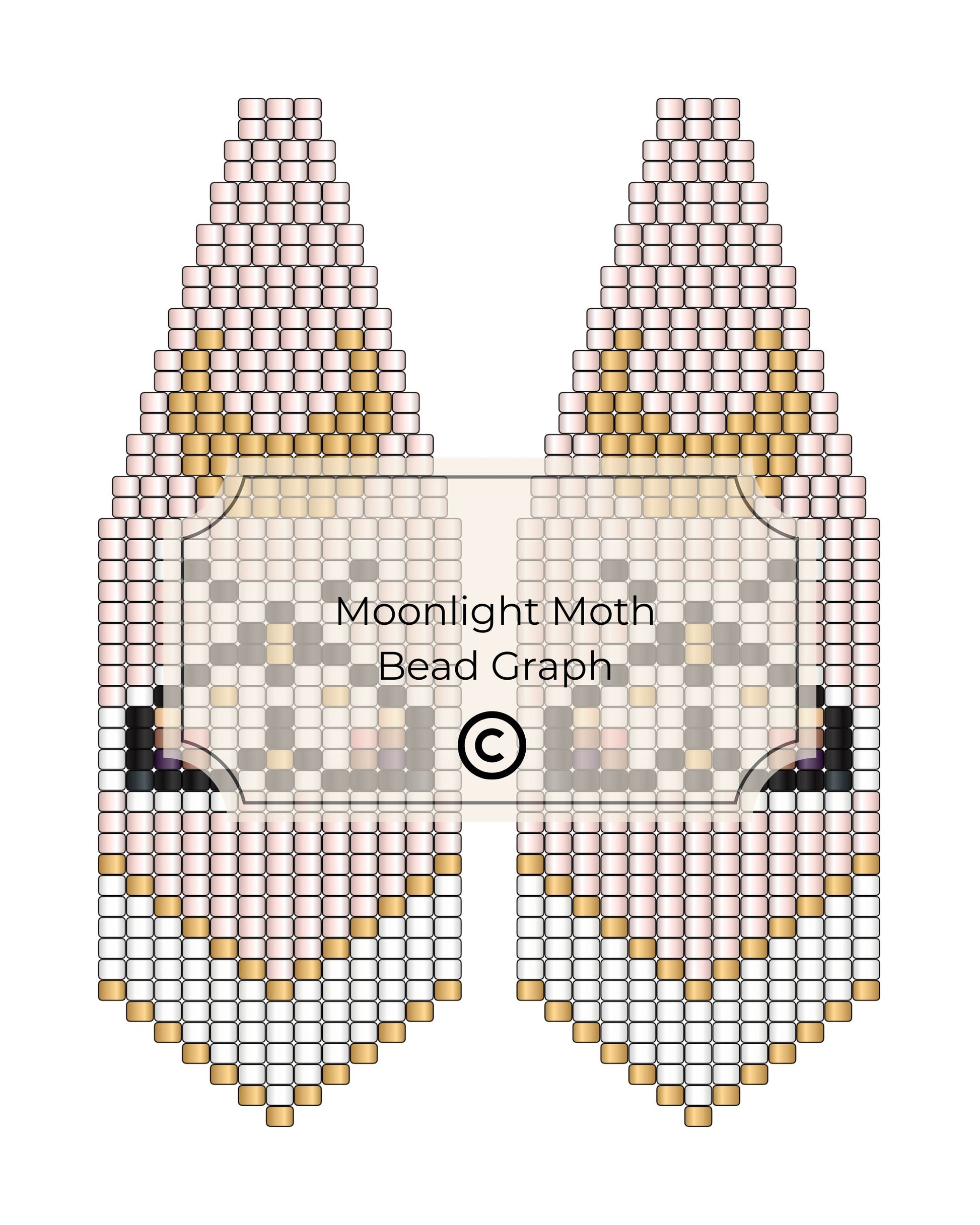 Bead pattern for a moonlight moth with gold and silver beads on a white background.