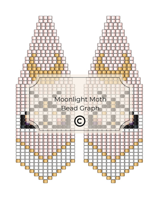 Bead pattern for a moonlight moth with gold and silver beads on a white background.