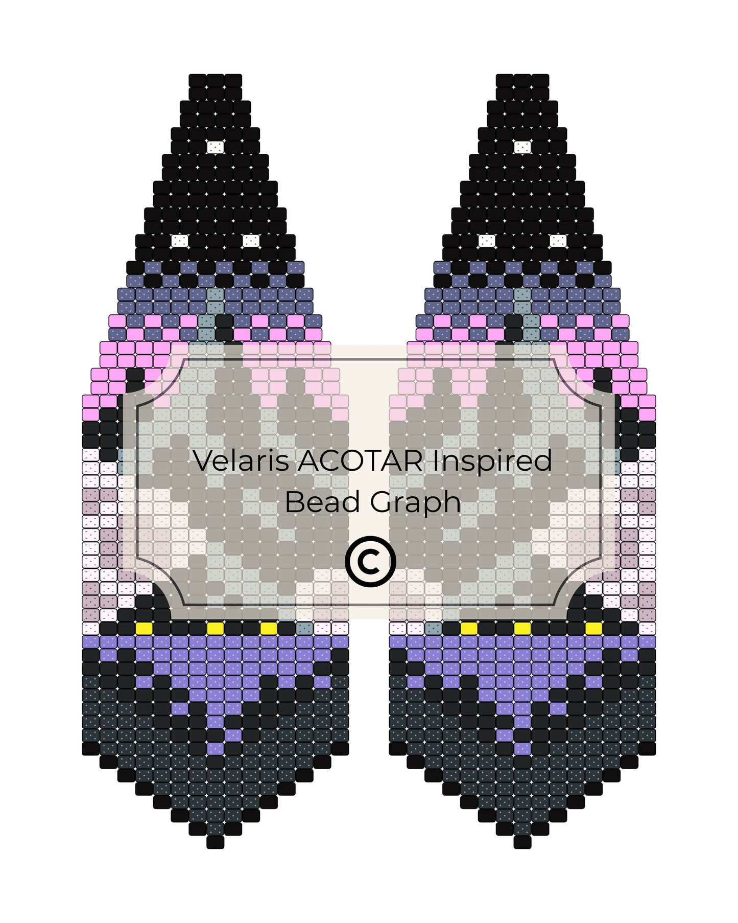 Bead pattern design for Velaris ACOTAR inspired earrings with black, purple, and pink beads.