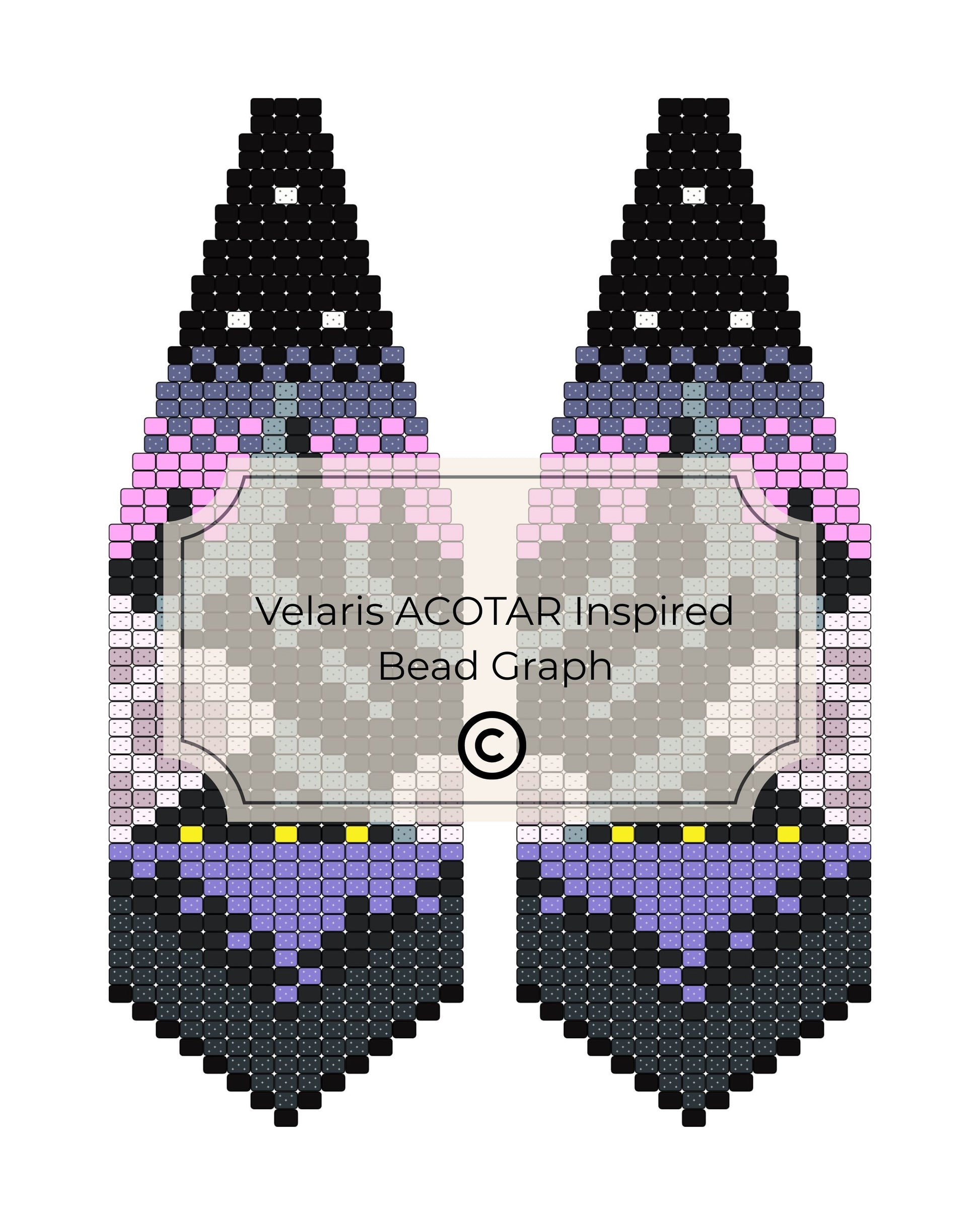 Bead pattern design for Velaris ACOTAR inspired earrings with black, purple, and pink beads.