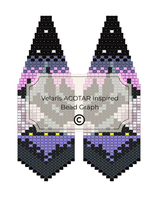 Bead pattern design for Velaris ACOTAR inspired earrings with black, purple, and pink beads.