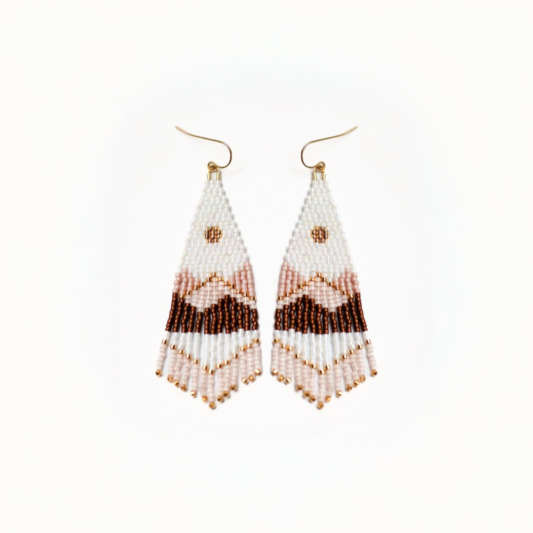 Beaded handmade earrings with a zigzag pattern on a white background