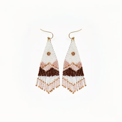 Beaded handmade earrings with a zigzag pattern on a white background