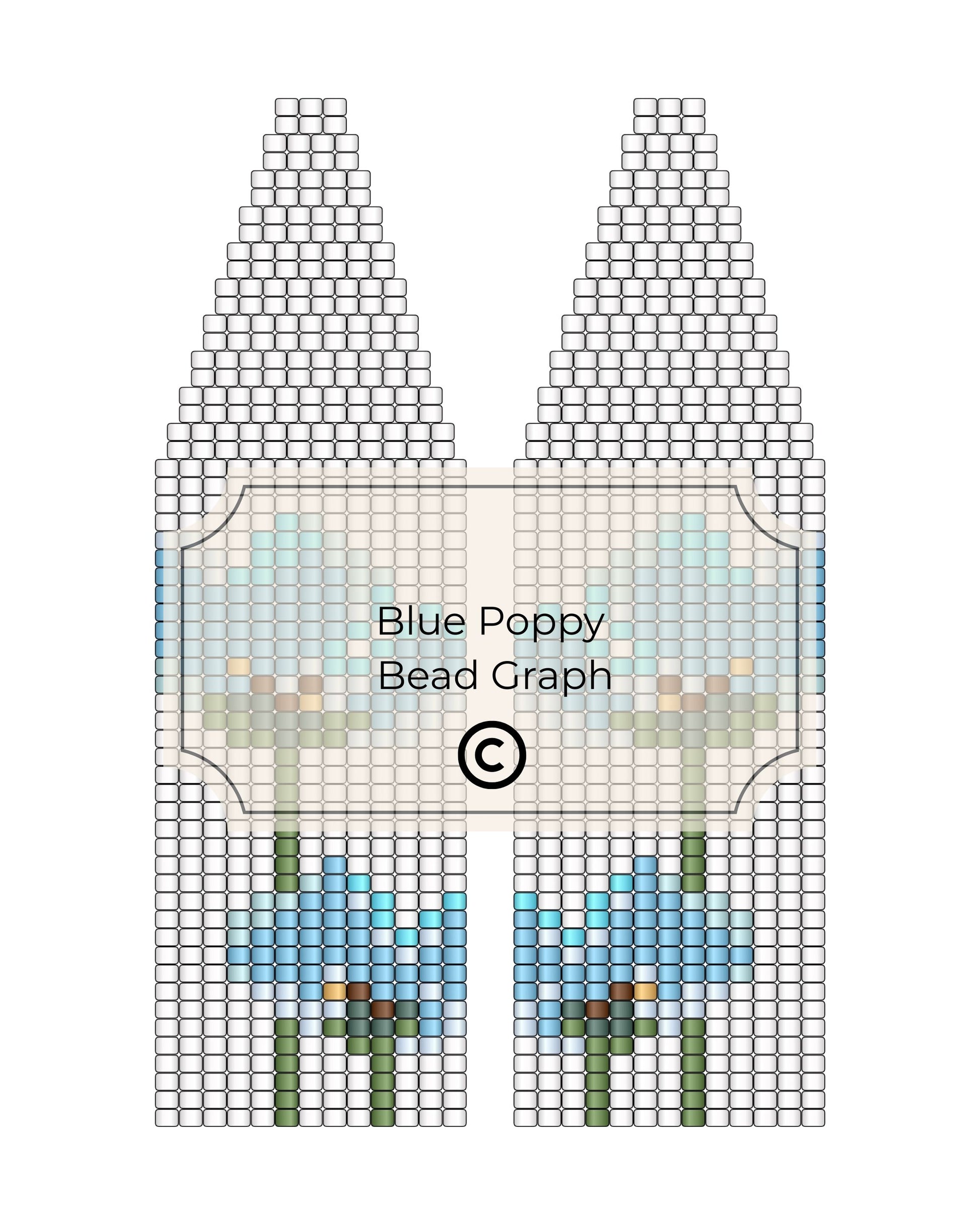 Bead pattern for blue poppies on a grid with 'Blue Poppy Bead Graph' text.