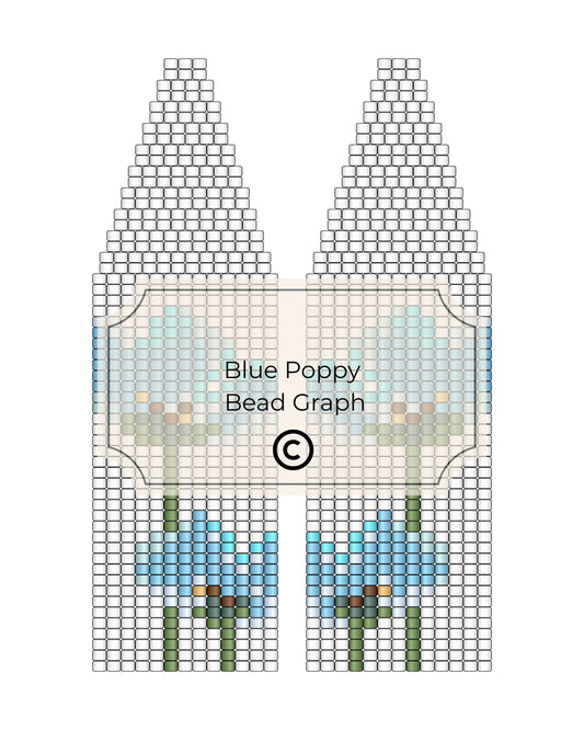 Bead pattern for blue poppies on a grid with 'Blue Poppy Bead Graph' text.
