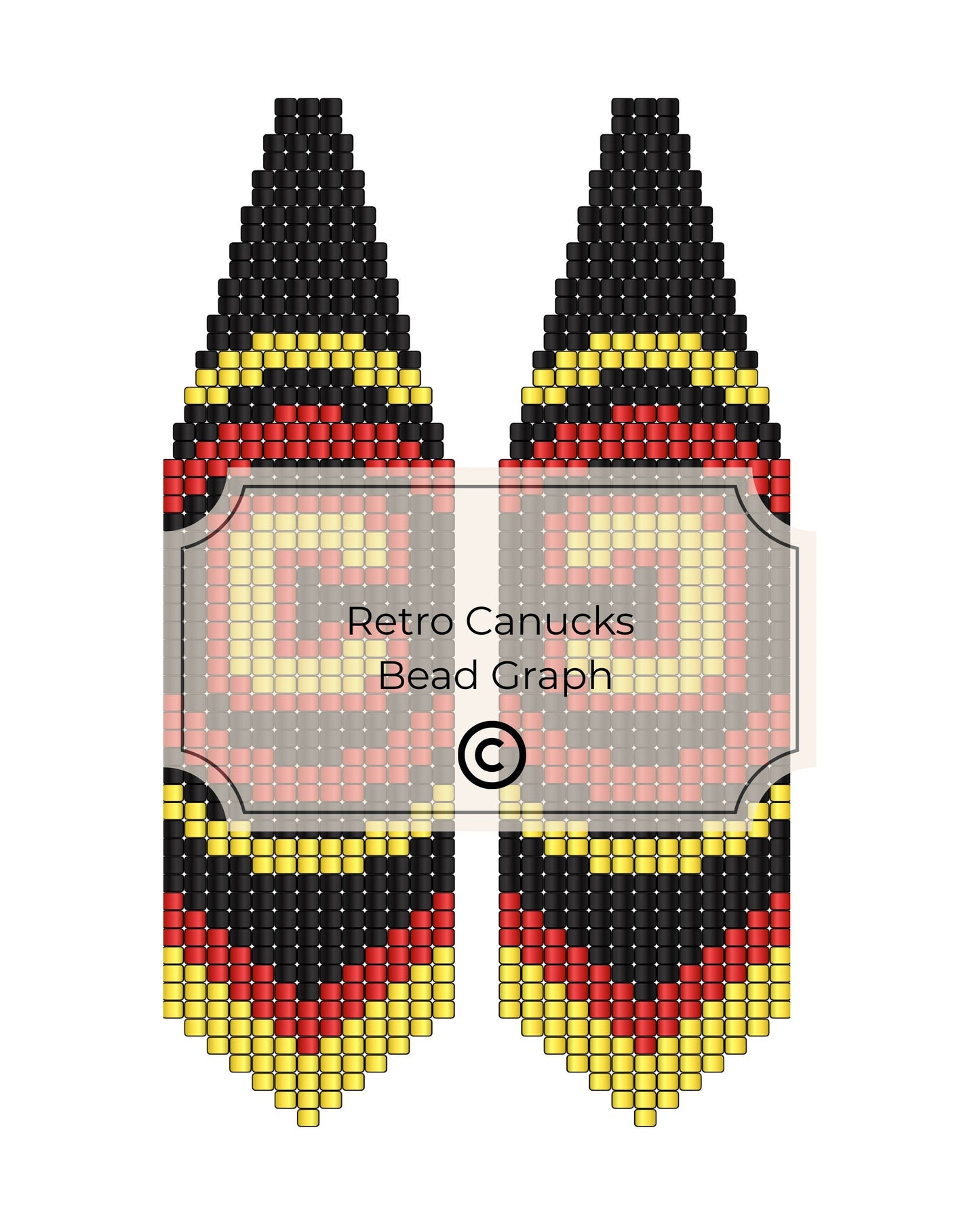 Bead pattern design for retro Canucks with black, red, and yellow beads on a white background.