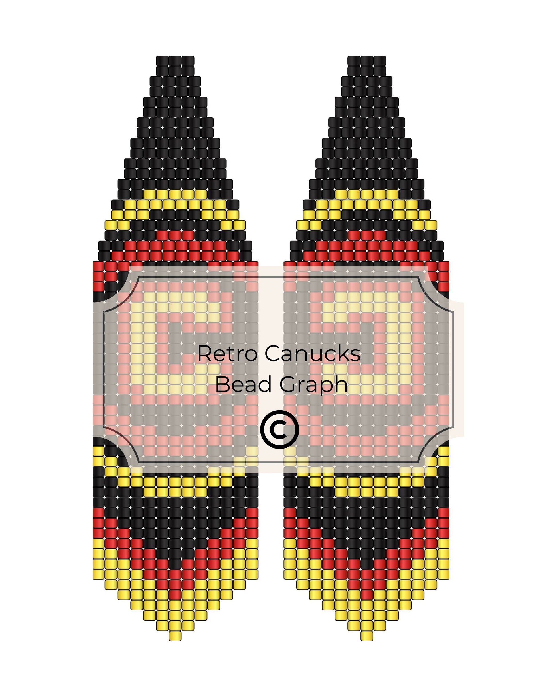 Bead pattern design for retro Canucks with black, red, and yellow beads on a white background.