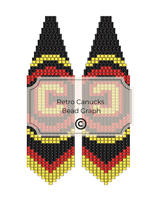 Bead pattern design for retro Canucks with black, red, and yellow beads on a white background.