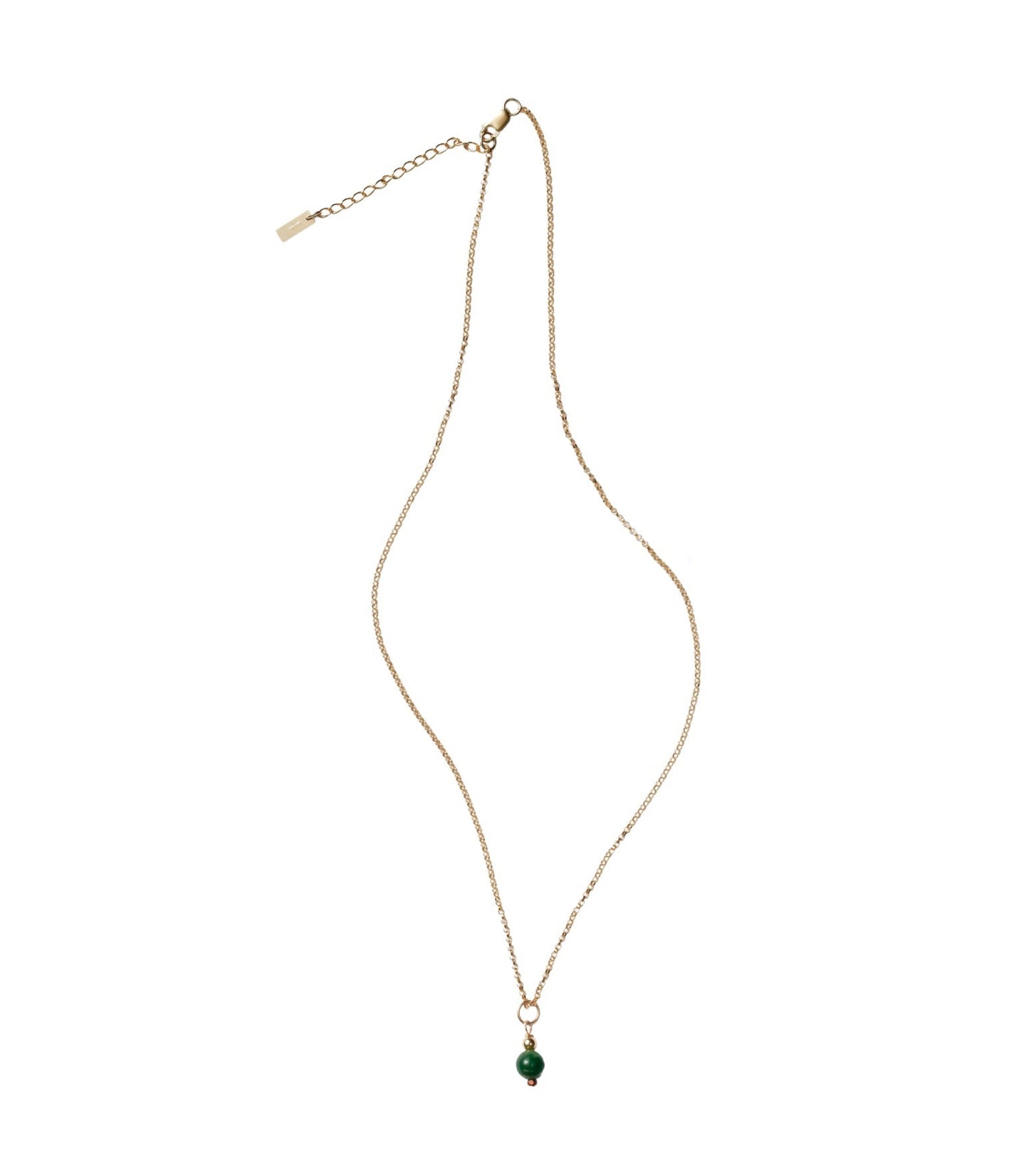 Gold necklace with a green pendant on a white background