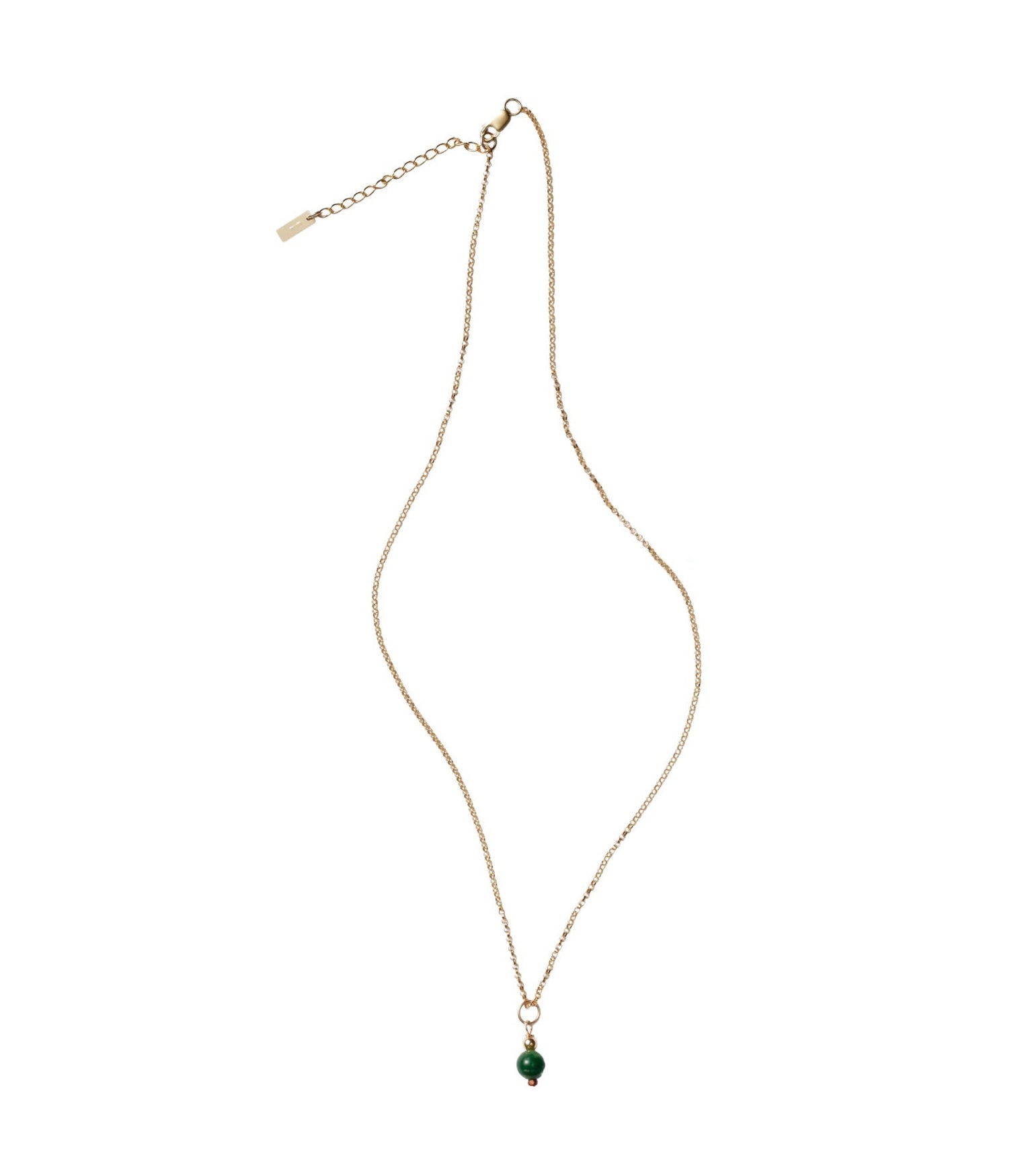 Gold necklace with a green pendant on a white background