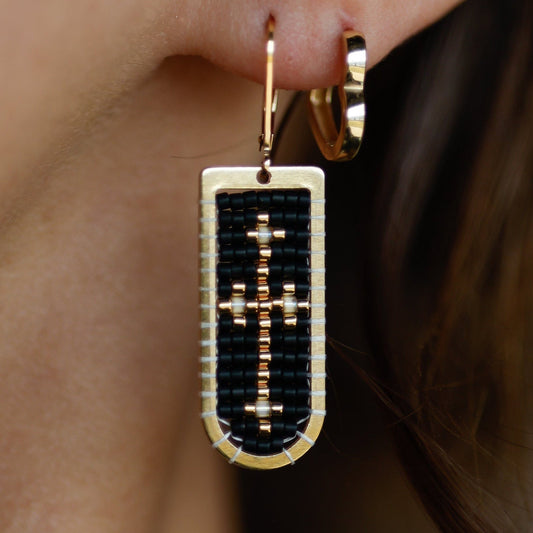 The Cross Drop Beaded Earring- Black