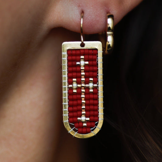 The Cross Drop Beaded Earrings- Red