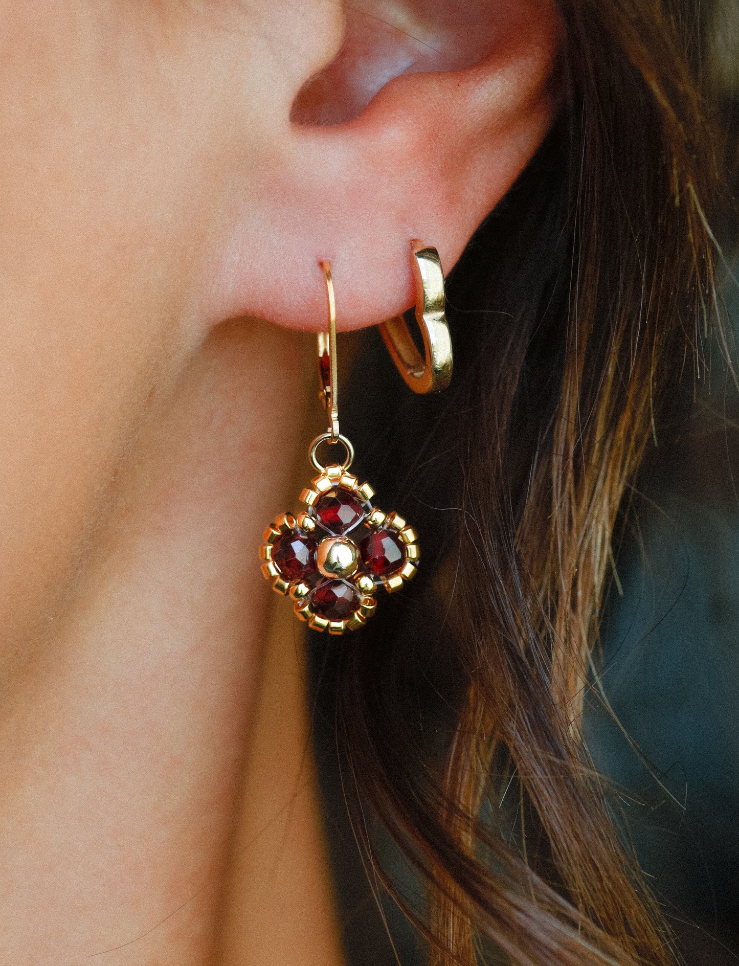 Single Beaded Clover Drop- Garnet