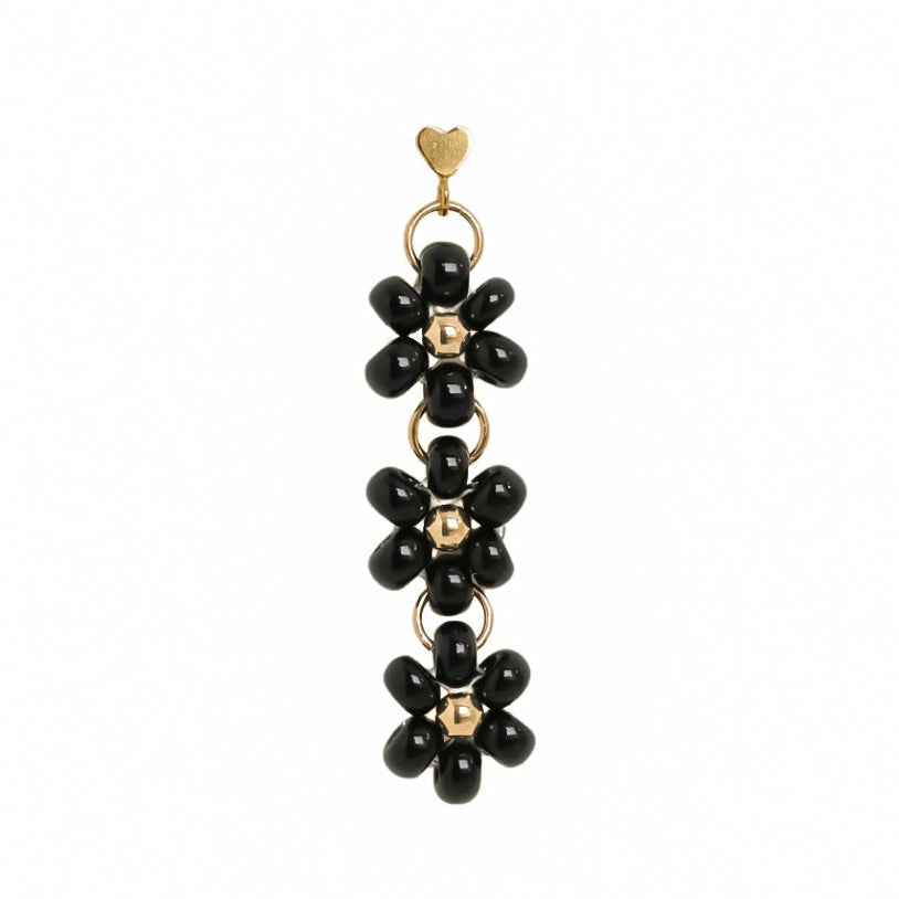 Black Beaded Flower Charm Earrings