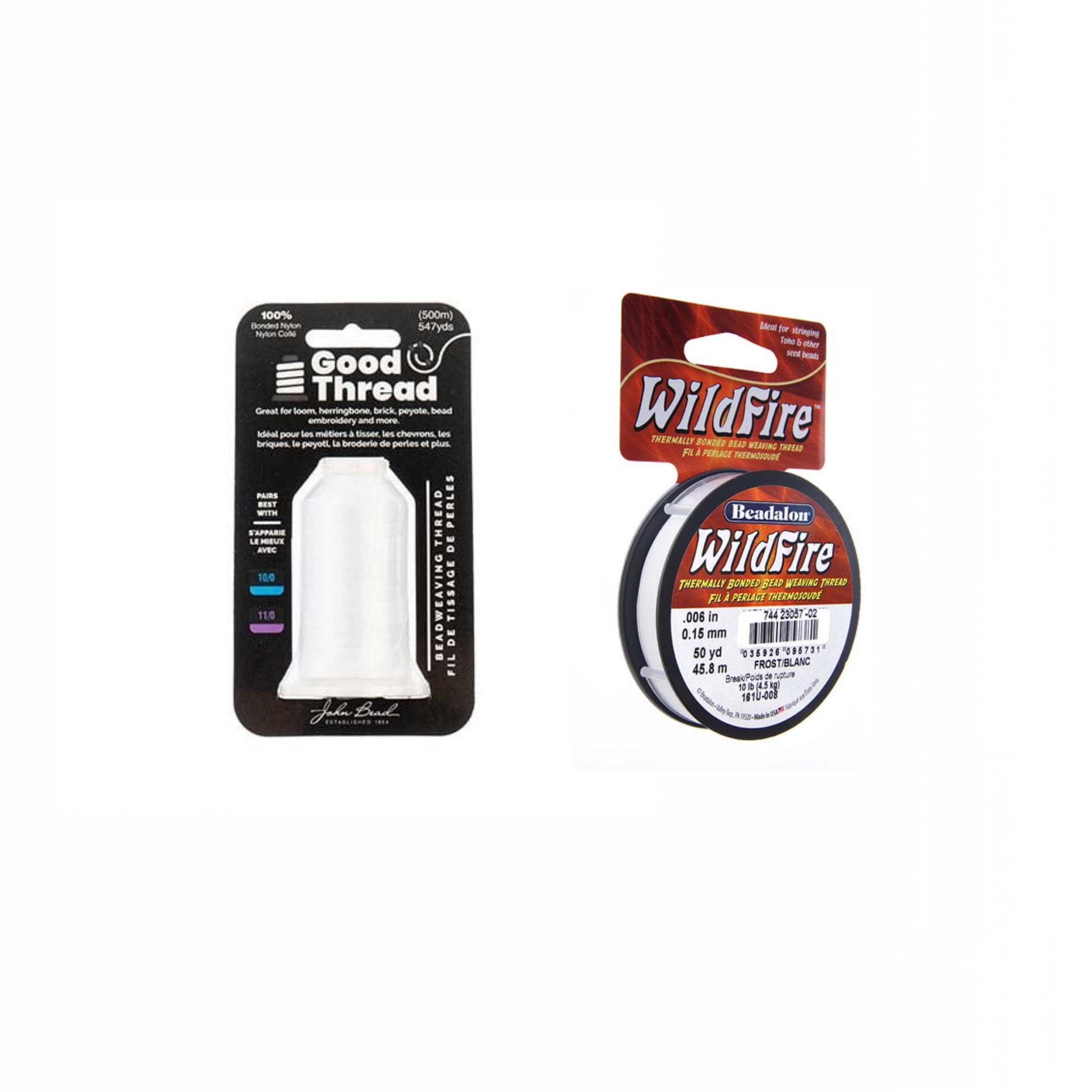 Two packages of thread, one labeled 'Good Thread' and the other 'WildFire', on a white background.